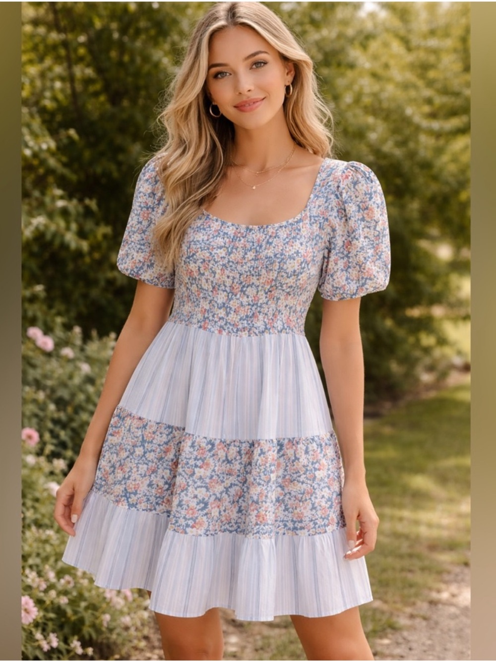 NWT Umgee Blue Floral Tiered Puff-Sleeve Mini Dress M